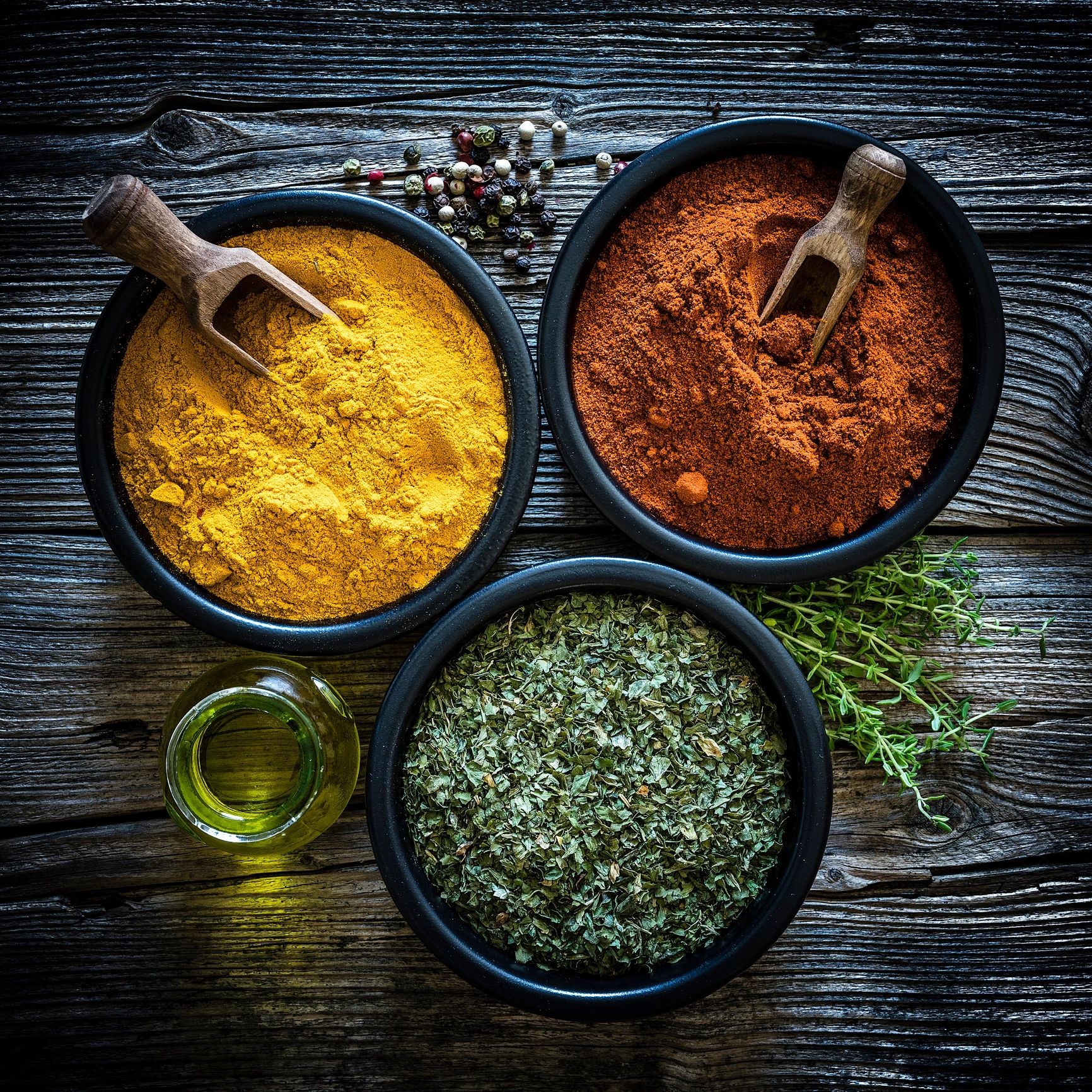 Bowls of chili powder and spices